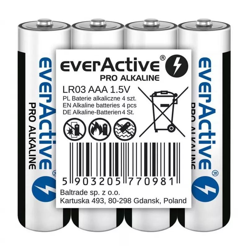 Sārma baterijas AAA everActive LR03PRO4T — 4 gab., 1,5 V, 1250 mAh, 44,5×10,5 mm