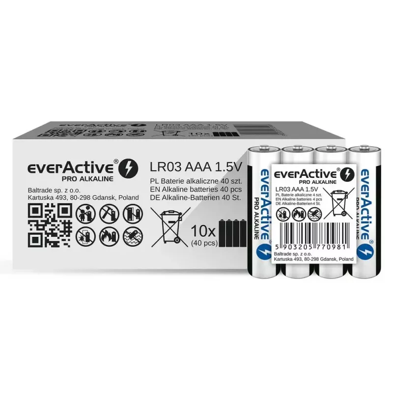 Sārma baterijas AAA everActive LR03PRO4T — 4 gab., 1,5 V, 1250 mAh, 44,5×10,5 mm