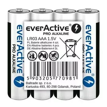 Sārma baterijas AAA everActive LR03PRO4T — 4 gab., 1,5 V, 1250 mAh, 44,5×10,5 mm