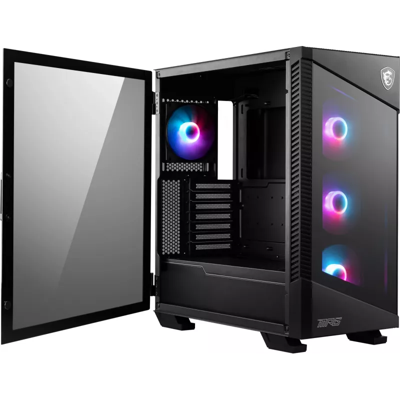 MSI MPG VELOX 100R vidēja izmēra PC korpuss, E-ATX, rūdīts stikls, 4x 120 mm ARGB ventilatori, 2x USB 3.0 + 1x USB-C, 2x 3,5″ + 2x 2,5″ ietvari, melns