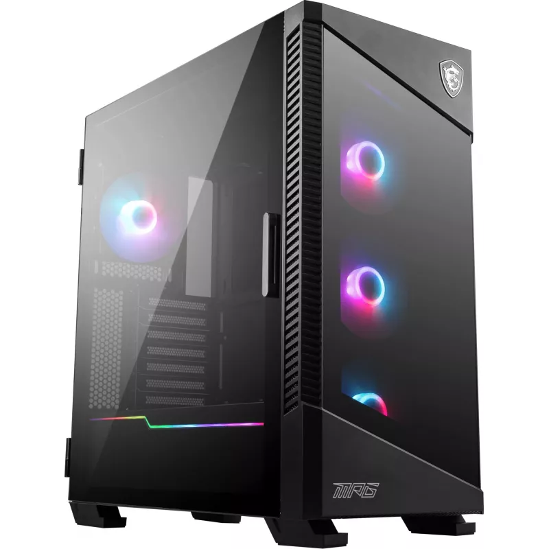 MSI MPG VELOX 100R vidēja izmēra PC korpuss, E-ATX, rūdīts stikls, 4x 120 mm ARGB ventilatori, 2x USB 3.0 + 1x USB-C, 2x 3,5″ + 2x 2,5″ ietvari, melns
