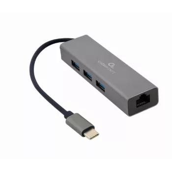 Docking adapter Gembird A-CMU3-LAN-01 — USB-C 3.2 Gen 1, 1× Gigabit LAN, 3× USB-A, metāla korpuss, pelēks