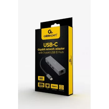 Docking adapter Gembird A-CMU3-LAN-01 — USB-C 3.2 Gen 1, 1× Gigabit LAN, 3× USB-A, metāla korpuss, pelēks