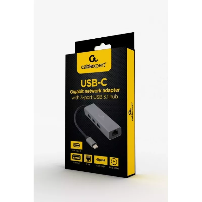Docking adapter Gembird A-CMU3-LAN-01 — USB-C 3.2 Gen 1, 1× Gigabit LAN, 3× USB-A, metāla korpuss, pelēks