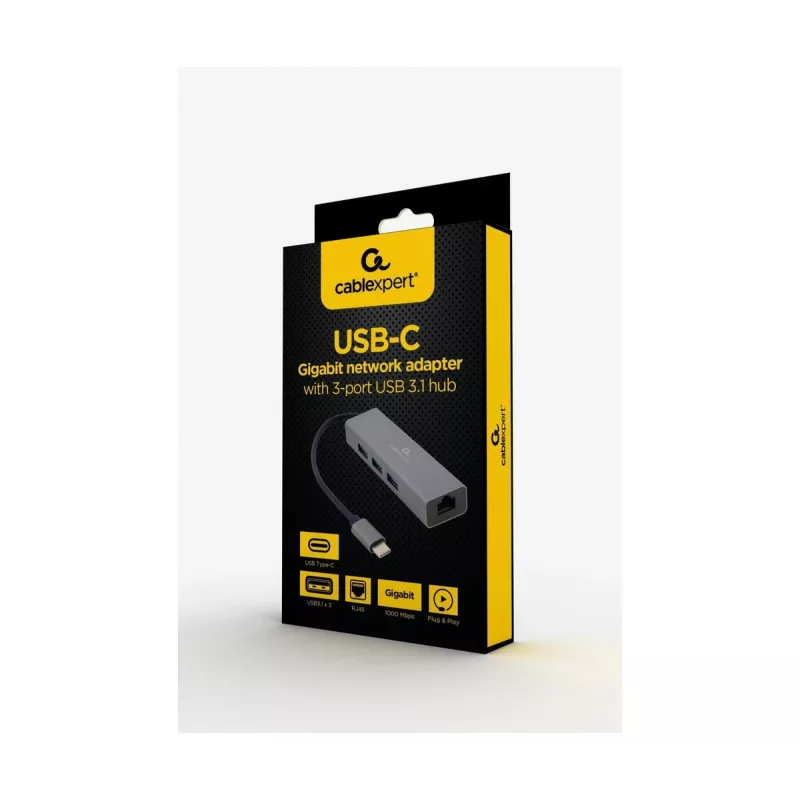 Docking adapter Gembird A-CMU3-LAN-01 — USB-C 3.2 Gen 1, 1× Gigabit LAN, 3× USB-A, metāla korpuss, pelēks