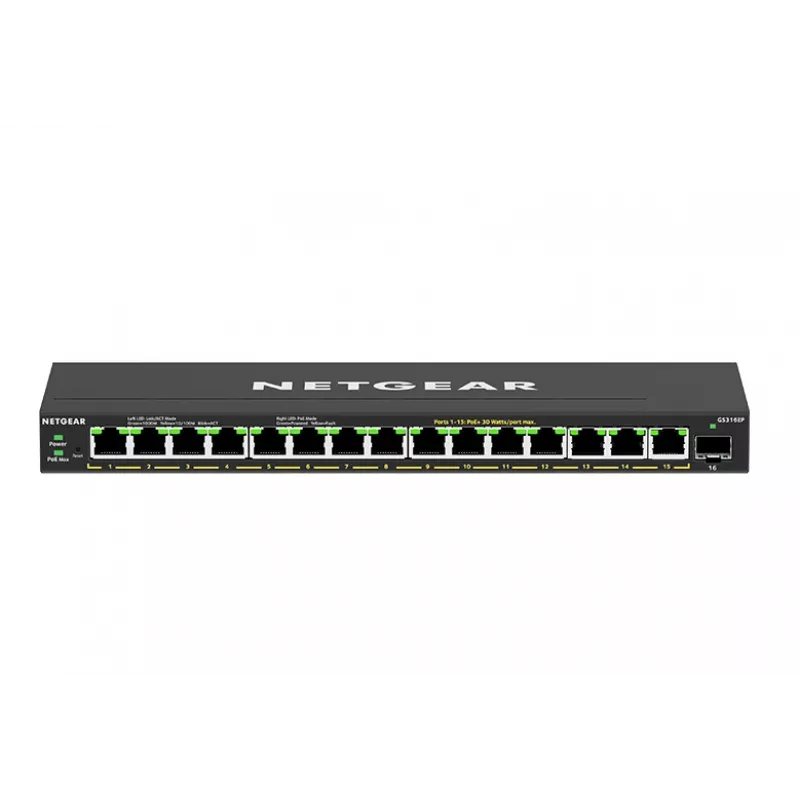 NETGEAR GS316EP-100PES tīkla slēdzis, pārvaldāms, Gigabit Ethernet (10/100/1000), Power over Ethernet (PoE), melns