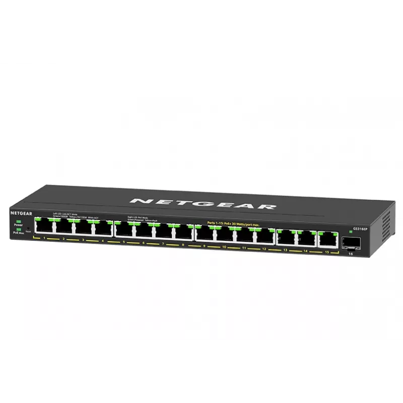 NETGEAR GS316EP-100PES tīkla slēdzis, pārvaldāms, Gigabit Ethernet (10/100/1000), Power over Ethernet (PoE), melns