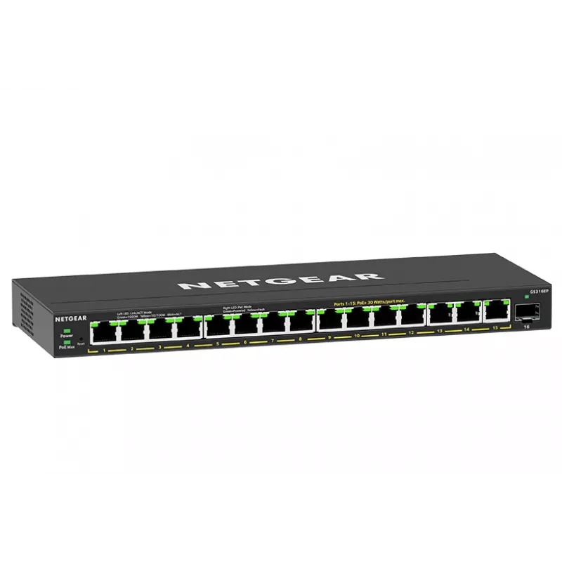 NETGEAR GS316EP-100PES tīkla slēdzis, pārvaldāms, Gigabit Ethernet (10/100/1000), Power over Ethernet (PoE), melns