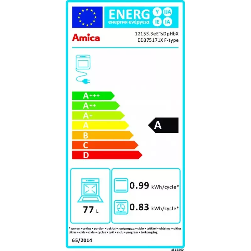 Amica ED375171X F-TYPE iebūvējamā elektriskā cepeškrāsns, 77 L