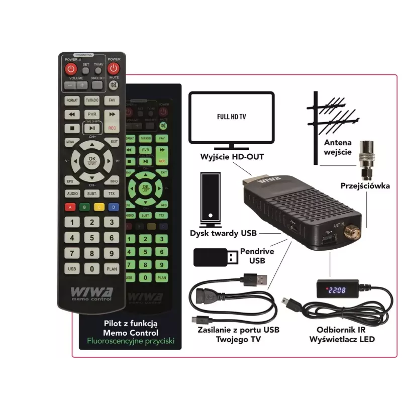 WIWA H.265 MINI DVB-T/DVB-T2 uztvērējs, H.265/HEVC, Full HD 1080p, HDMI, mini USB, PVR, melns
