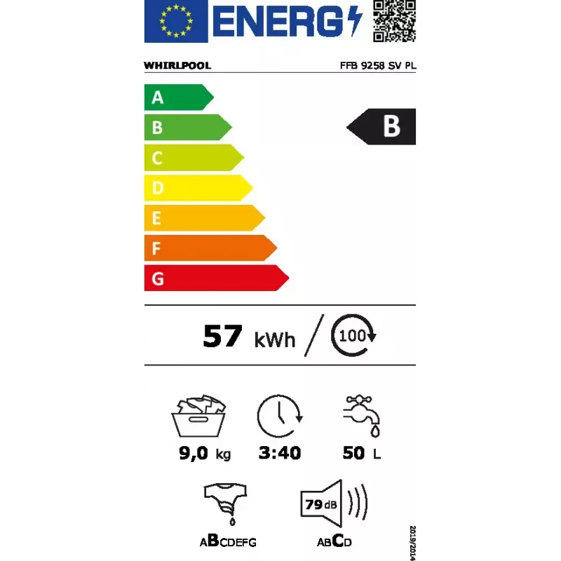 Whirlpool FFB 9258 SV PL veļas mazgājamā mašīna, priekšējā ielāde, 9 kg, 1200 RPM, balta