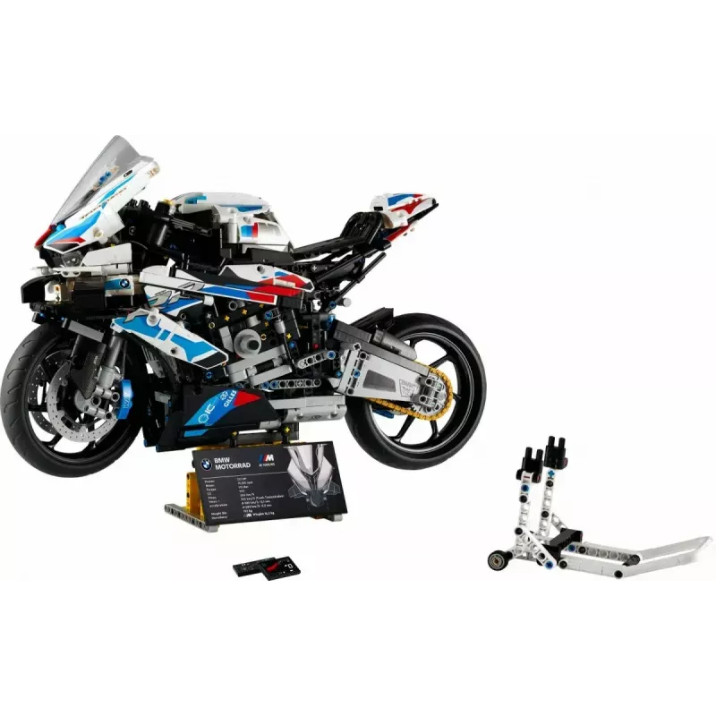 LEGO Technic motocikla modelis BMW M1000RR 42130 ar detalizētu dzinēju un darba balstiekārtu