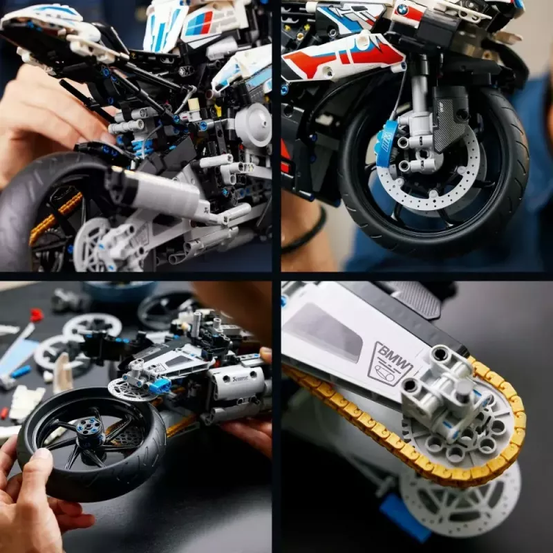 LEGO Technic motocikla modelis BMW M1000RR 42130 ar detalizētu dzinēju un darba balstiekārtu