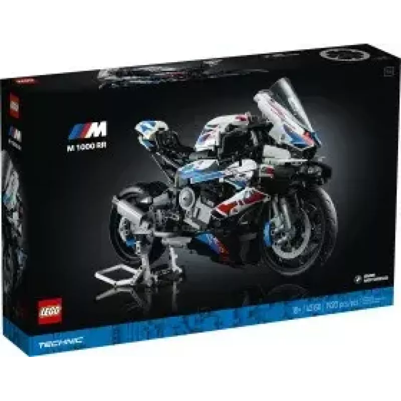 LEGO Technic motocikla modelis BMW M1000RR 42130 ar detalizētu dzinēju un darba balstiekārtu