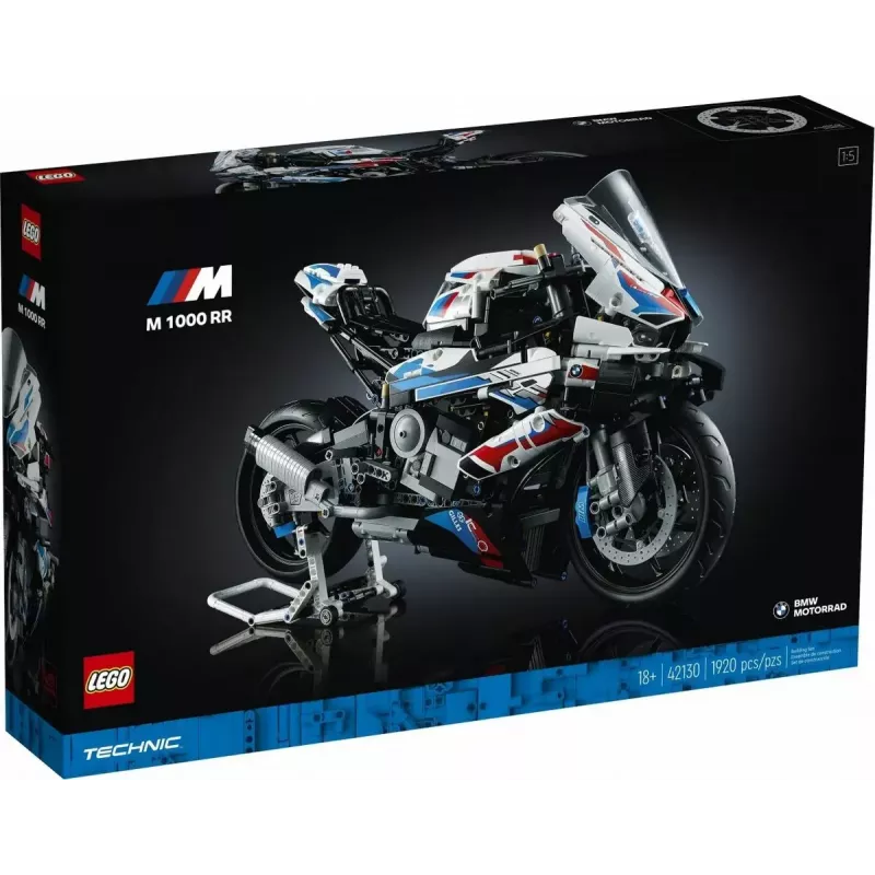 LEGO Technic motocikla modelis BMW M1000RR 42130 ar detalizētu dzinēju un darba balstiekārtu