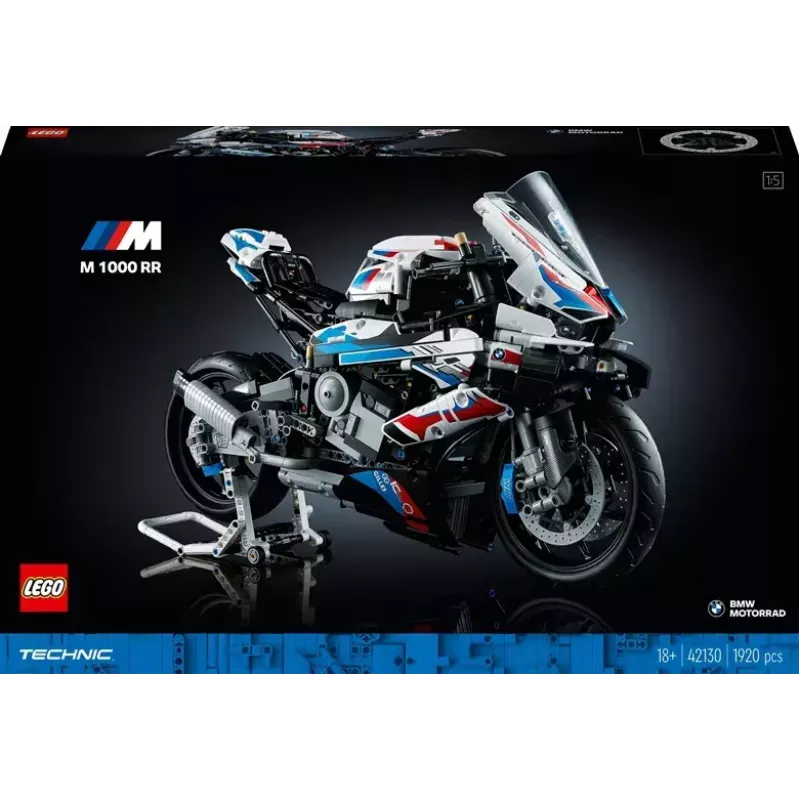 LEGO Technic motocikla modelis BMW M1000RR 42130 ar detalizētu dzinēju un darba balstiekārtu