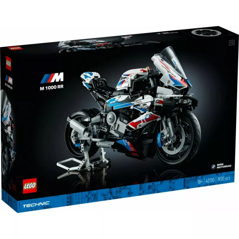 LEGO Technic motocikla modelis BMW M1000RR 42130 ar detalizētu dzinēju un darba balstiekārtu