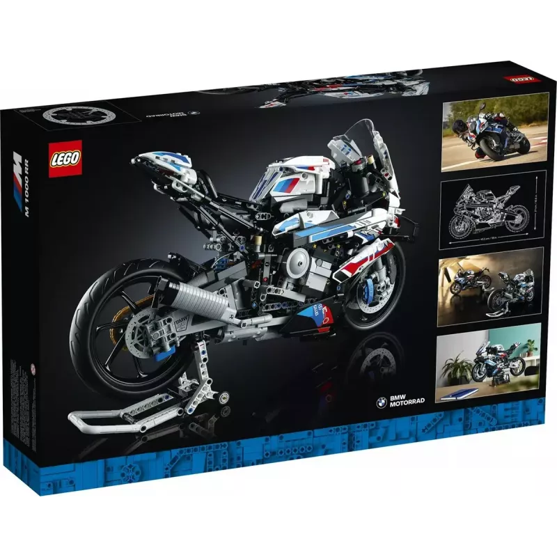 LEGO Technic motocikla modelis BMW M1000RR 42130 ar detalizētu dzinēju un darba balstiekārtu