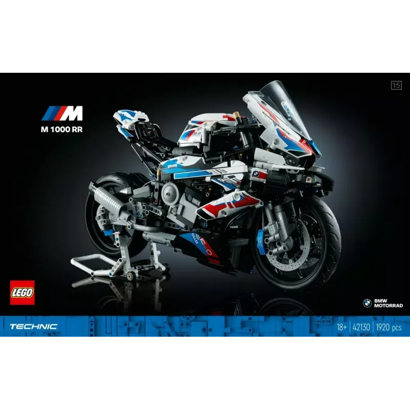 LEGO Technic motocikla modelis BMW M1000RR 42130 ar detalizētu dzinēju un darba balstiekārtu