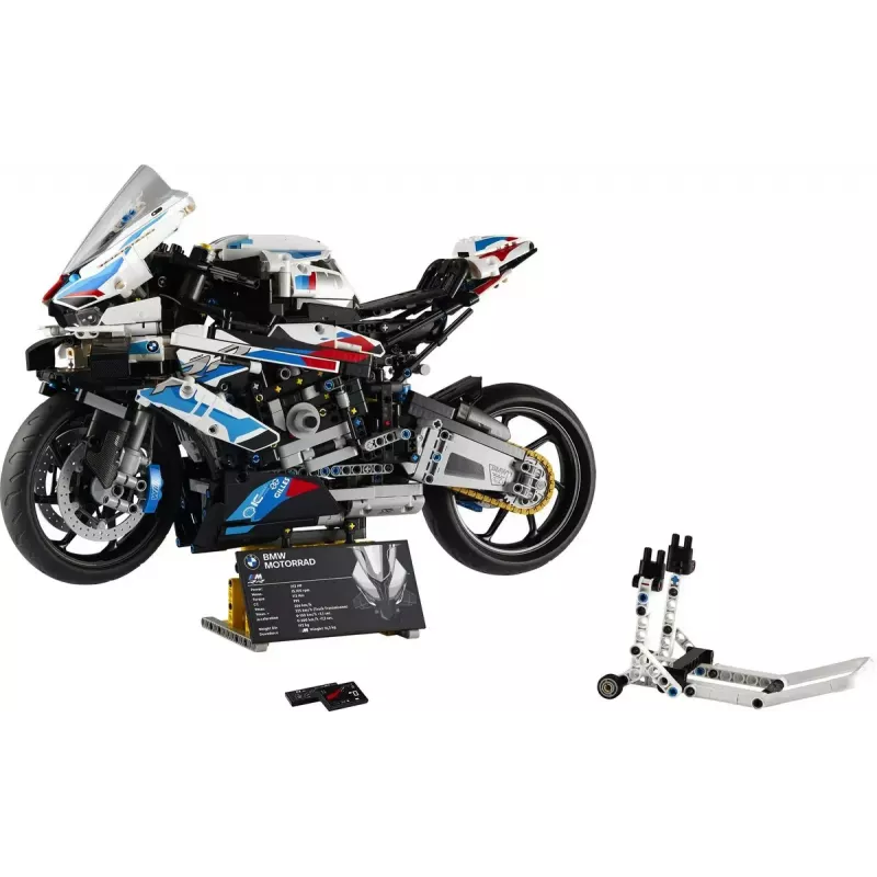 LEGO Technic motocikla modelis BMW M1000RR 42130 ar detalizētu dzinēju un darba balstiekārtu