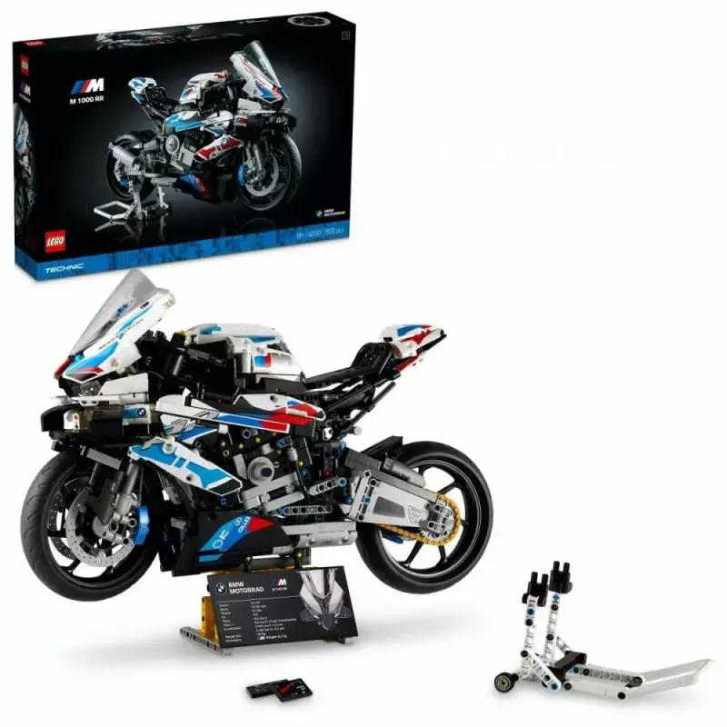 LEGO Technic motocikla modelis BMW M1000RR 42130 ar detalizētu dzinēju un darba balstiekārtu