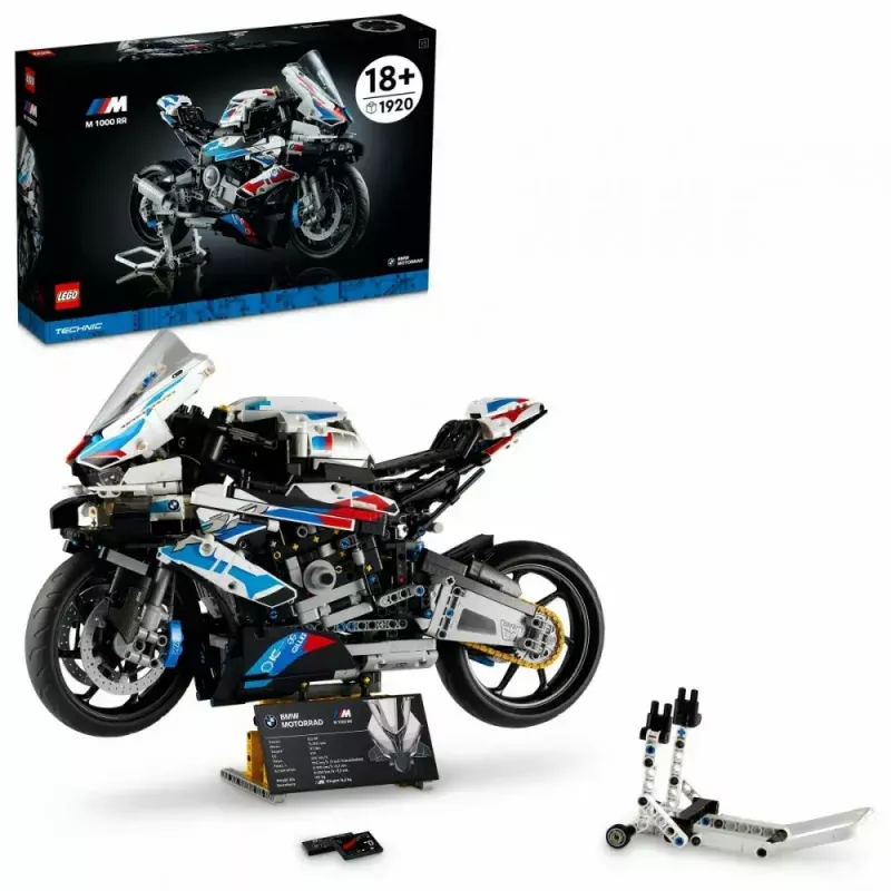 LEGO Technic motocikla modelis BMW M1000RR 42130 ar detalizētu dzinēju un darba balstiekārtu
