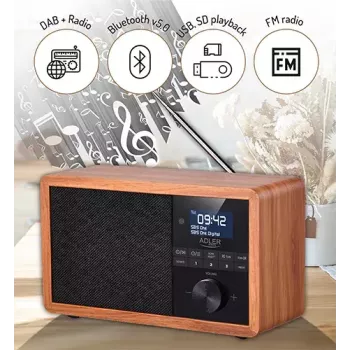 Pārnēsājams radio Adler AD 1184 ar DAB+/FM/AM digitālo uztvērēju, Bluetooth 5.0, 15W, SD/USB, modinātājpulksteni, melns/koks