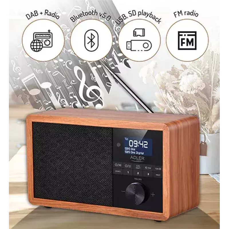 Pārnēsājams radio Adler AD 1184 ar DAB+/FM/AM digitālo uztvērēju, Bluetooth 5.0, 15W, SD/USB, modinātājpulksteni, melns/koks