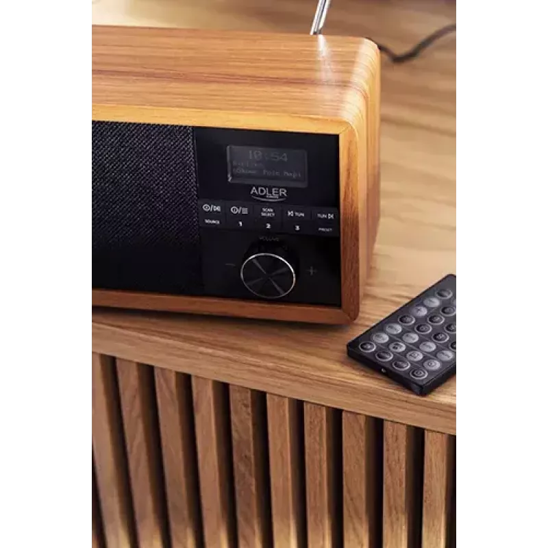 Pārnēsājams radio Adler AD 1184 ar DAB+/FM/AM digitālo uztvērēju, Bluetooth 5.0, 15W, SD/USB, modinātājpulksteni, melns/koks