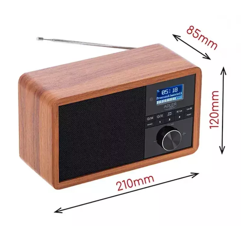 Pārnēsājams radio Adler AD 1184 ar DAB+/FM/AM digitālo uztvērēju, Bluetooth 5.0, 15W, SD/USB, modinātājpulksteni, melns/koks