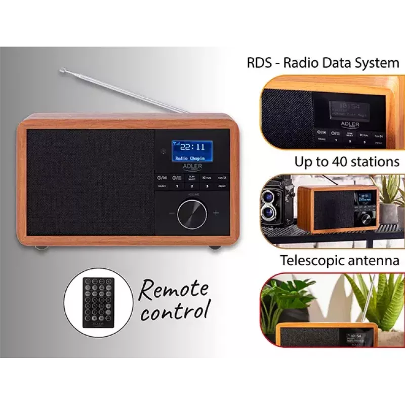 Pārnēsājams radio Adler AD 1184 ar DAB+/FM/AM digitālo uztvērēju, Bluetooth 5.0, 15W, SD/USB, modinātājpulksteni, melns/koks