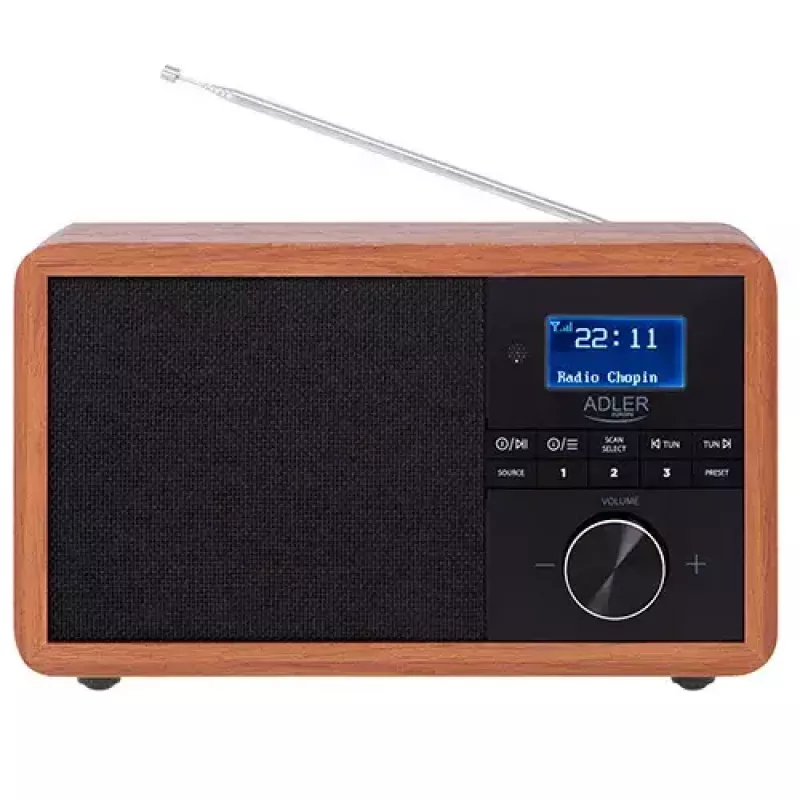 Pārnēsājams radio Adler AD 1184 ar DAB+/FM/AM digitālo uztvērēju, Bluetooth 5.0, 15W, SD/USB, modinātājpulksteni, melns/koks