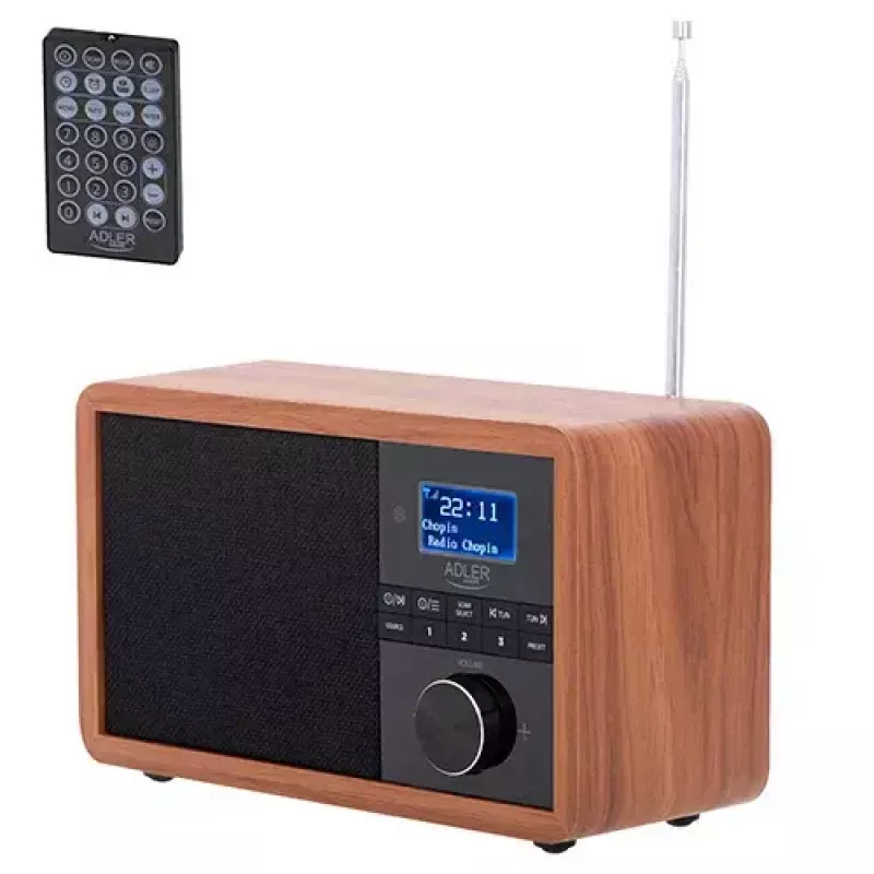 Pārnēsājams radio Adler AD 1184 ar DAB+/FM/AM digitālo uztvērēju, Bluetooth 5.0, 15W, SD/USB, modinātājpulksteni, melns/koks