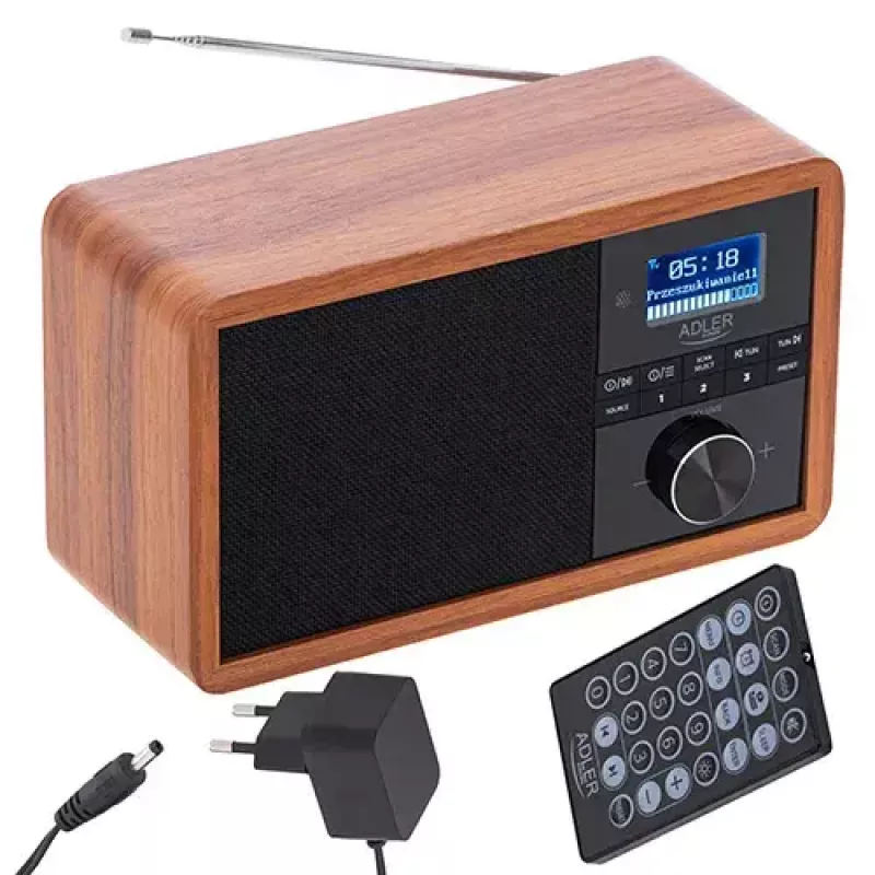 Pārnēsājams radio Adler AD 1184 ar DAB+/FM/AM digitālo uztvērēju, Bluetooth 5.0, 15W, SD/USB, modinātājpulksteni, melns/koks