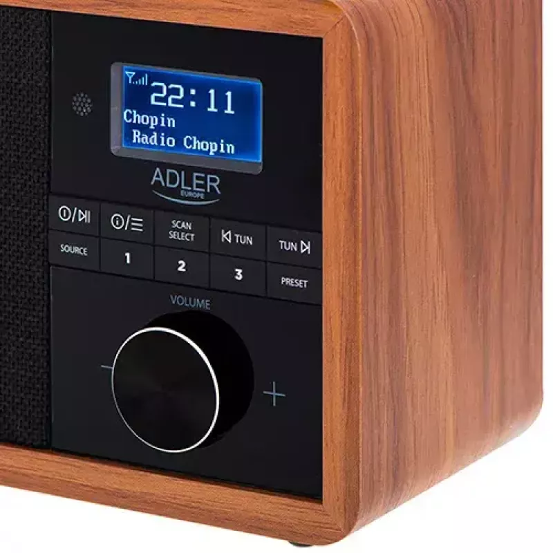 Pārnēsājams radio Adler AD 1184 ar DAB+/FM/AM digitālo uztvērēju, Bluetooth 5.0, 15W, SD/USB, modinātājpulksteni, melns/koks