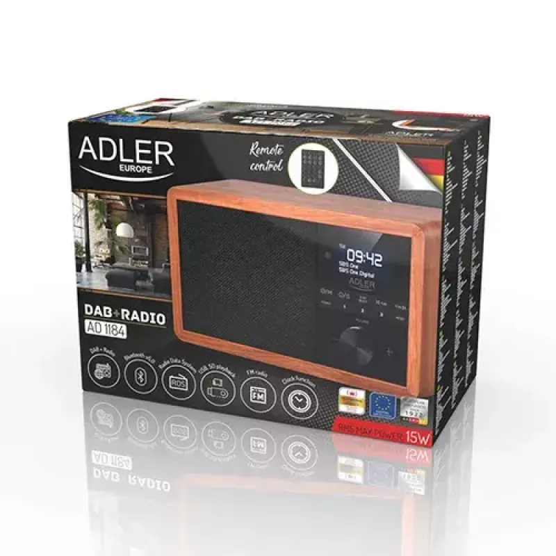 Pārnēsājams radio Adler AD 1184 ar DAB+/FM/AM digitālo uztvērēju, Bluetooth 5.0, 15W, SD/USB, modinātājpulksteni, melns/koks