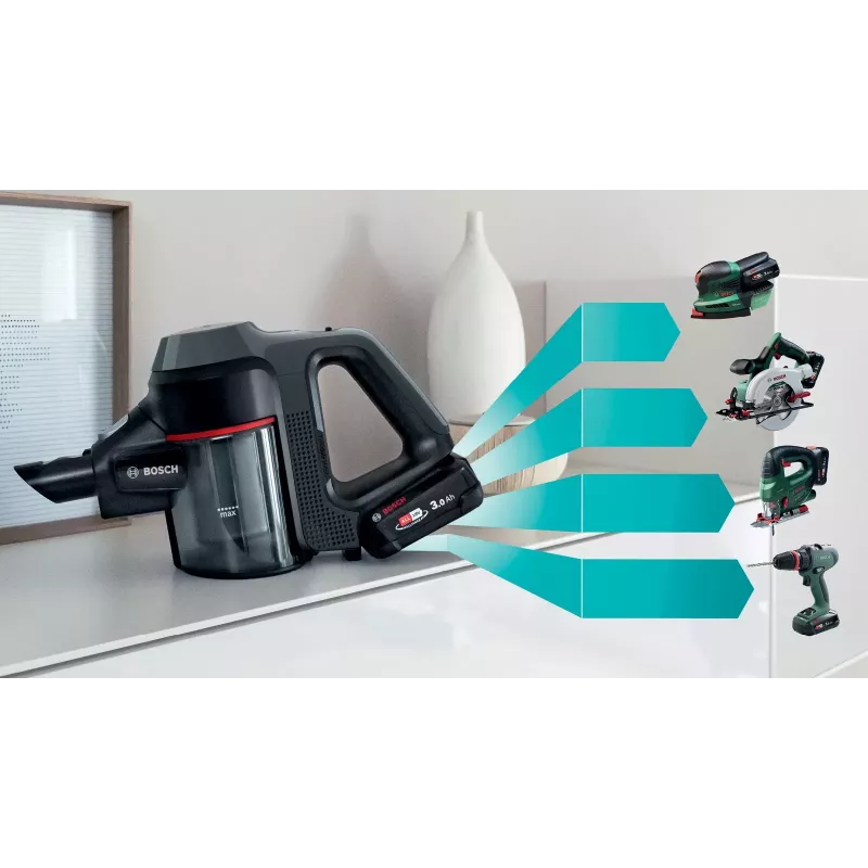 Bosch BBS712A bezvadu putekļsūcējs 2-in-1 stieņveida putekļsūcējs, sauss tīrīšanai, bez maisa, 0.3 L, grafīts
