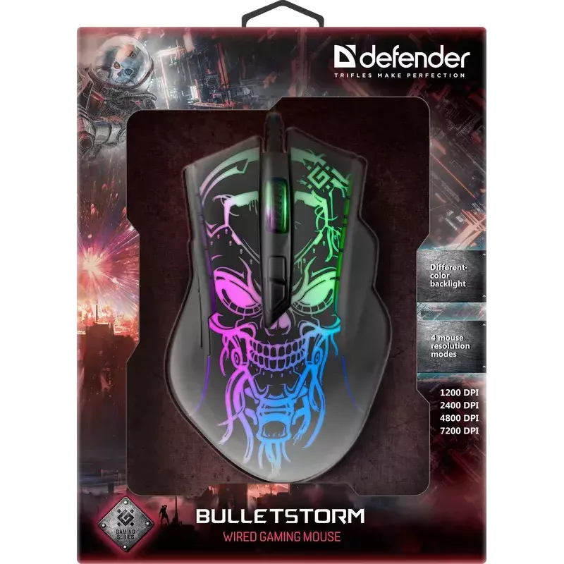 Spēļu pele DEFENDER BULLETSTORM GM-928 — optiskā, 7200 DPI, abpusēja, 6–7 pogas, USB Type-A, melna