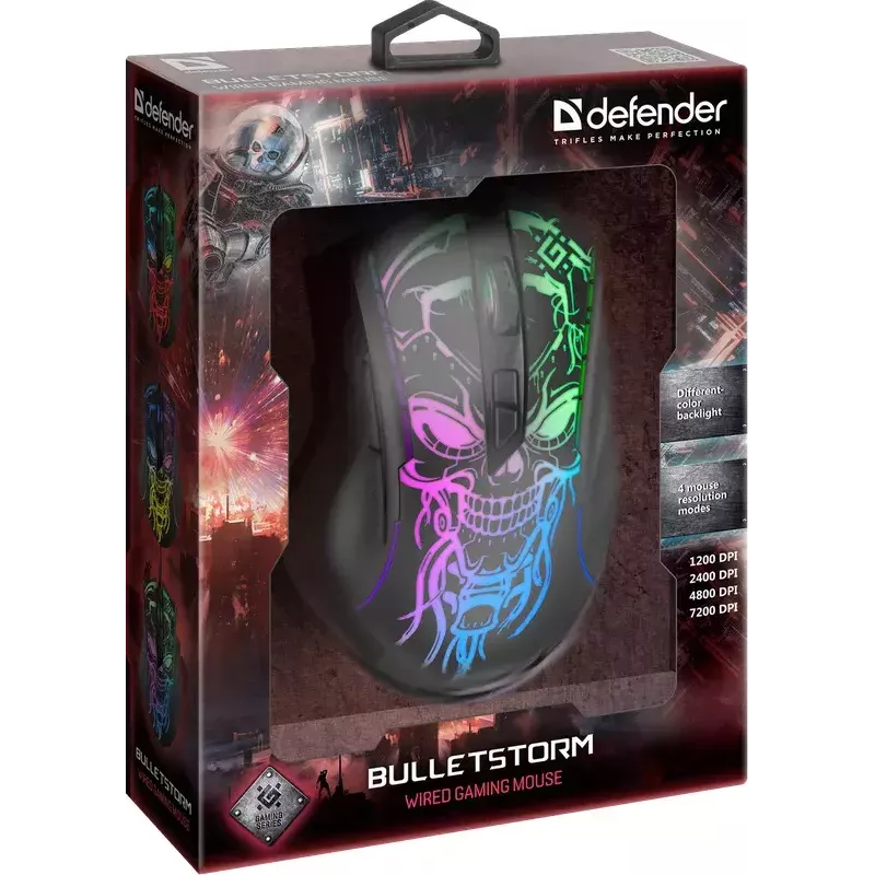 Spēļu pele DEFENDER BULLETSTORM GM-928 — optiskā, 7200 DPI, abpusēja, 6–7 pogas, USB Type-A, melna