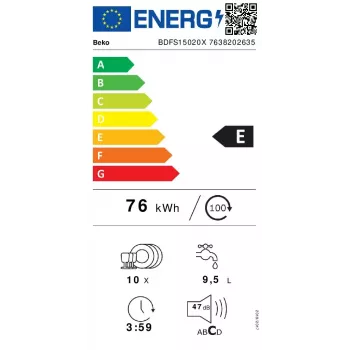 Šaurā trauku mazgājamā mašīna Beko BDFS15020X, 10 komplekti, 45 cm, 47 dB, 5 programmas, invertora motors