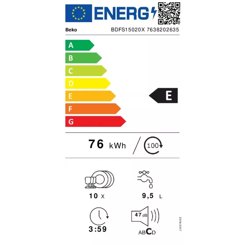 Šaurā trauku mazgājamā mašīna Beko BDFS15020X, 10 komplekti, 45 cm, 47 dB, 5 programmas, invertora motors