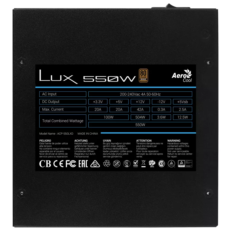 Aerocool LUX 550W barošanas bloks 20+4 pin ATX ATX Melns