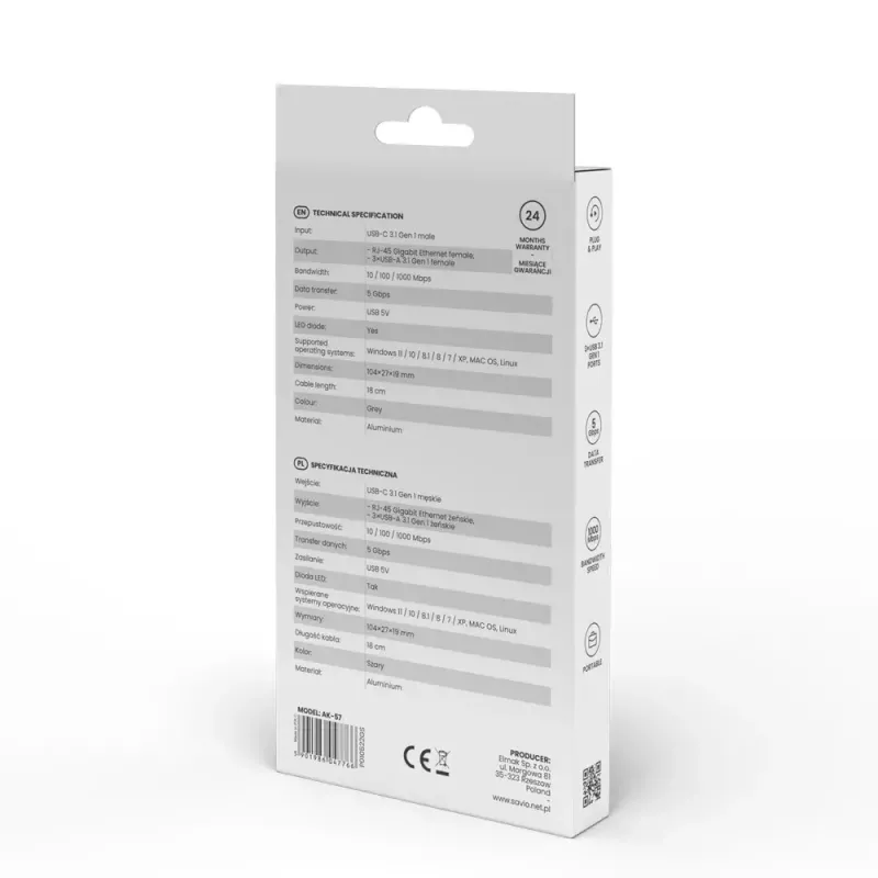 USB-C centrmezgls SAVIO AK-57 ar 3× USB-A, RJ-45 Gigabit Ethernet (5000 Mbit/s), alumīnija pelēks