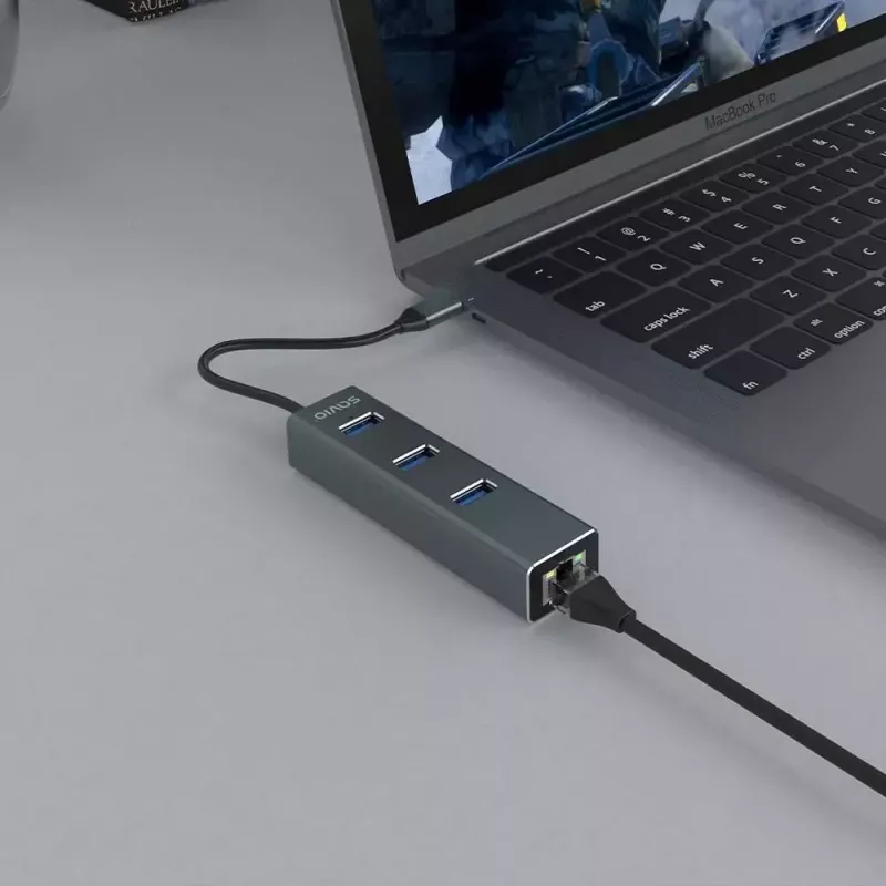 USB-C centrmezgls SAVIO AK-57 ar 3× USB-A, RJ-45 Gigabit Ethernet (5000 Mbit/s), alumīnija pelēks