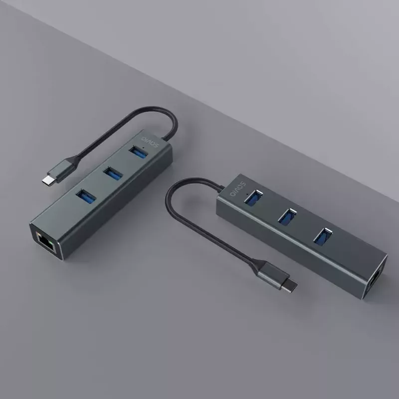 USB-C centrmezgls SAVIO AK-57 ar 3× USB-A, RJ-45 Gigabit Ethernet (5000 Mbit/s), alumīnija pelēks