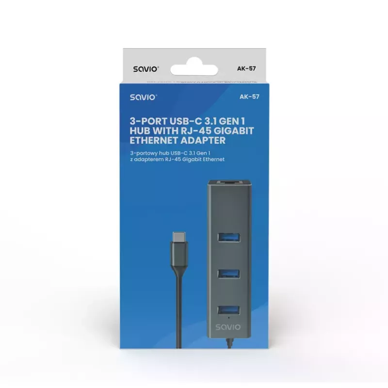 USB-C centrmezgls SAVIO AK-57 ar 3× USB-A, RJ-45 Gigabit Ethernet (5000 Mbit/s), alumīnija pelēks