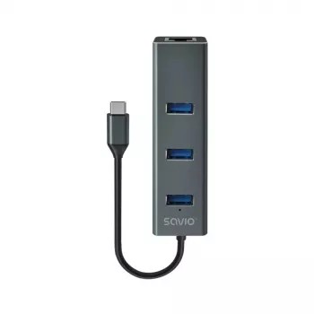 USB-C centrmezgls SAVIO AK-57 ar 3× USB-A, RJ-45 Gigabit Ethernet (5000 Mbit/s), alumīnija pelēks