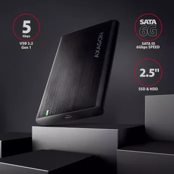 2.5 collu HDD/SSD korpuss AXAGON EE25-A6C — SATA, USB 3.2 Gen 1 (Type-C & Type-A), alumīnijs, melns
