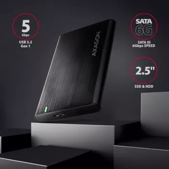Ārējais korpuss HDD/SSD AXAGON EE25-A6M — 2.5 collu SATA, USB 3.2 Gen 1 (5 Gbit/s), Micro-USB B uz USB Type-A, alumīnijs, melns