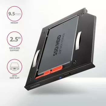 Axagon RSS-CD09 2.5 inch SSD/HDD rāmītis DVD vietā 9.5 mm LED ALU interfeisa kartes/adapteris iekšējais SATA